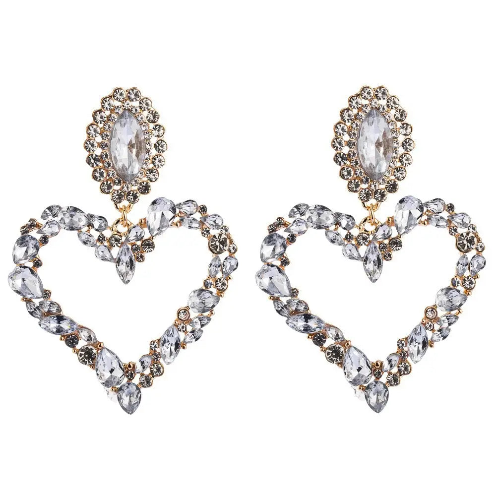 Heart-Shaped Colored Rhinestone Earrings