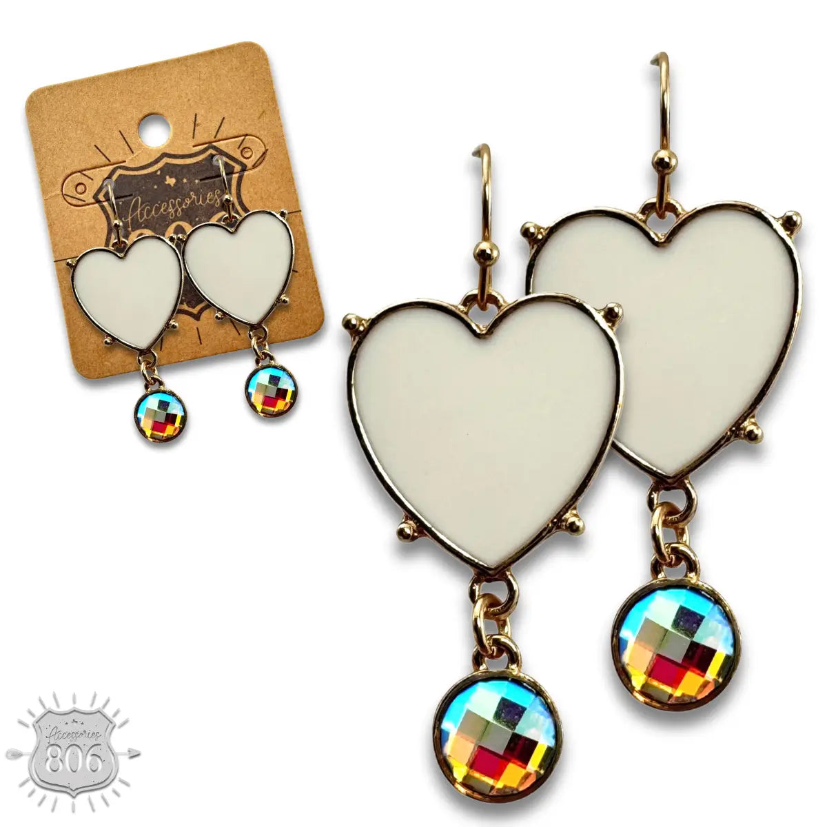 Enamel Heart Earrings with Rhinestone Drop