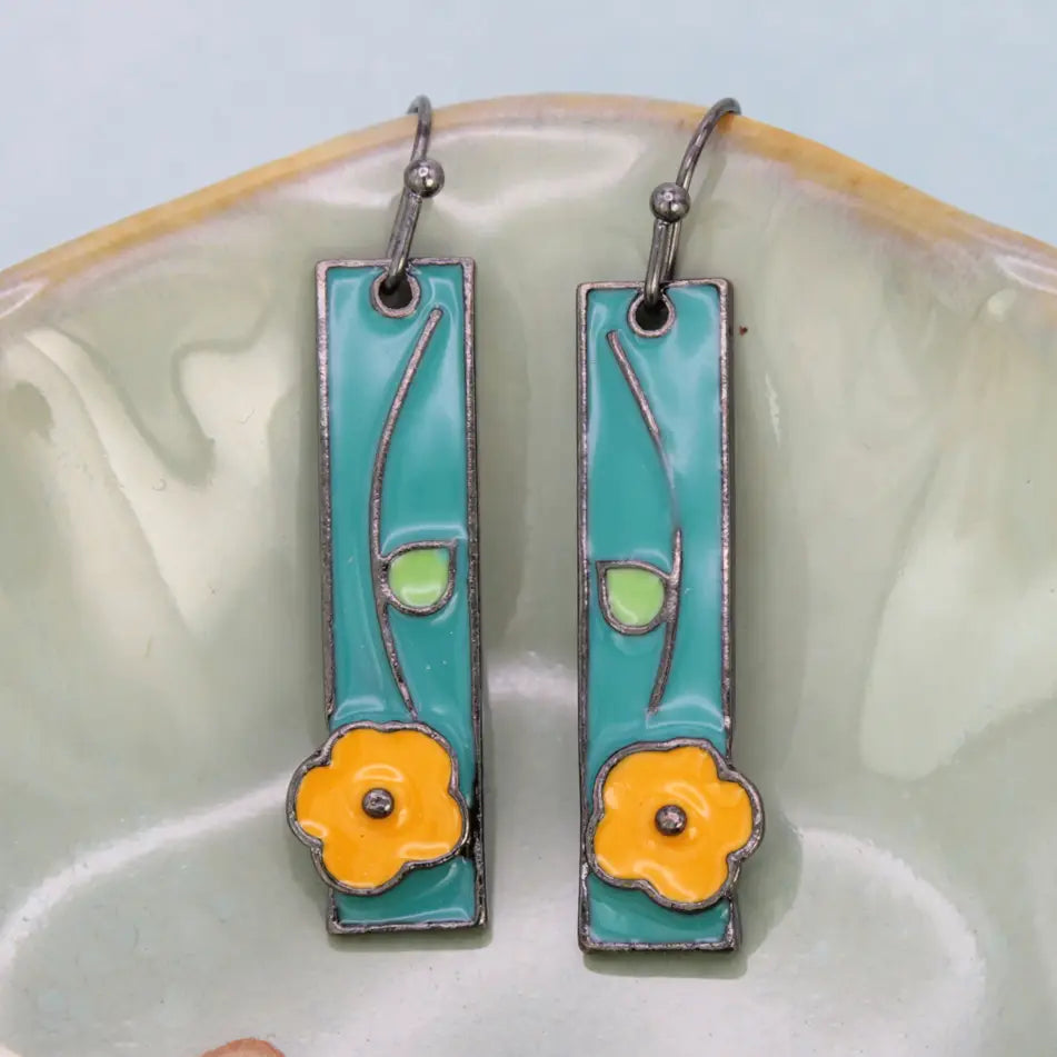 Vintage Bar Silver Flower Enamel Earrings
