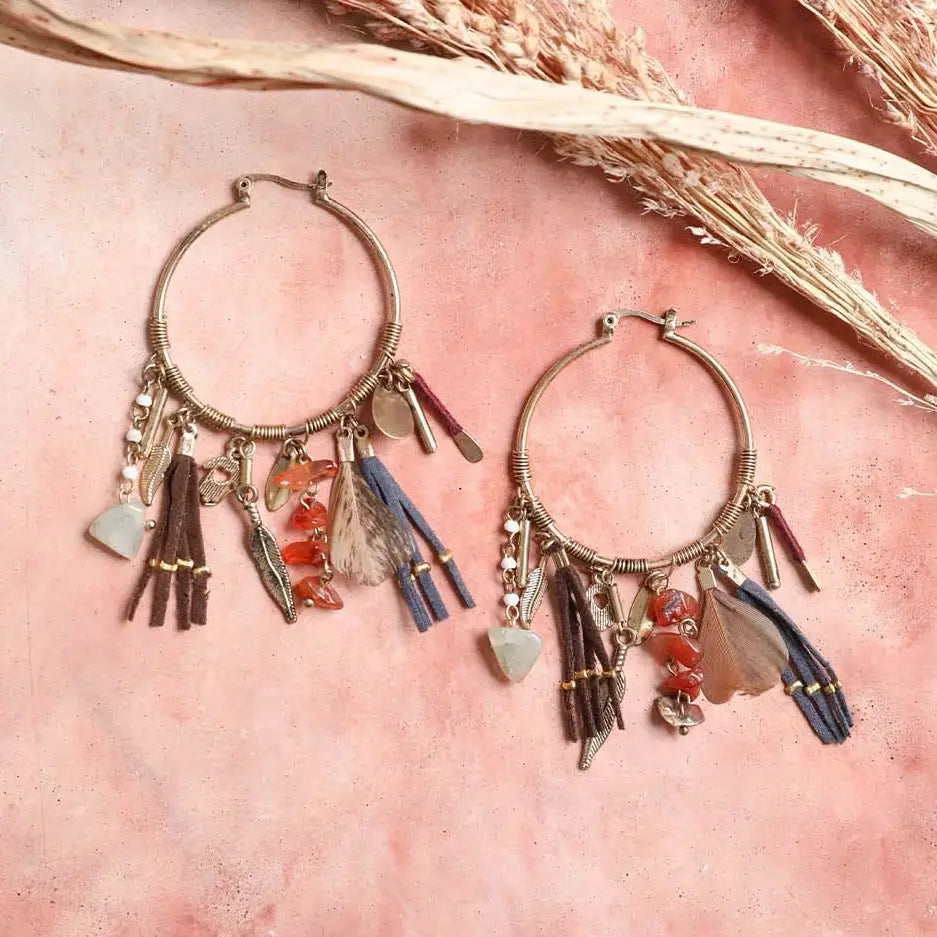 Carnelian & Jade Feather Fringe Hoop Earrings
