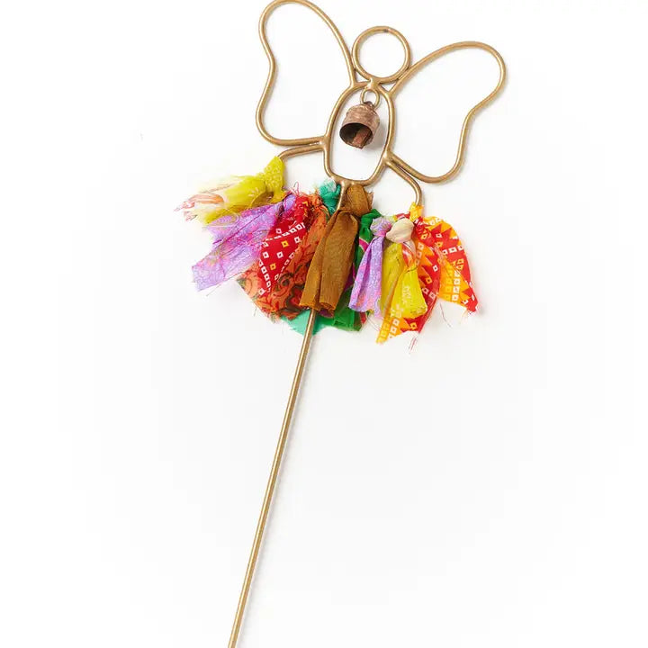 Upcycled Sari Butterfly Bell Garden Stake