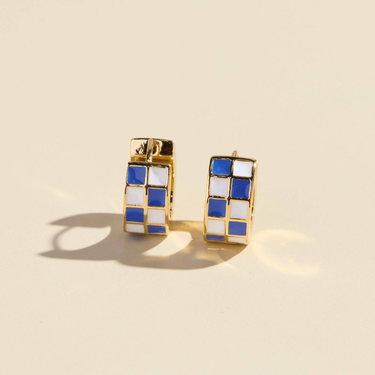 Blue & White Checkered Enamel Huggie Earrings