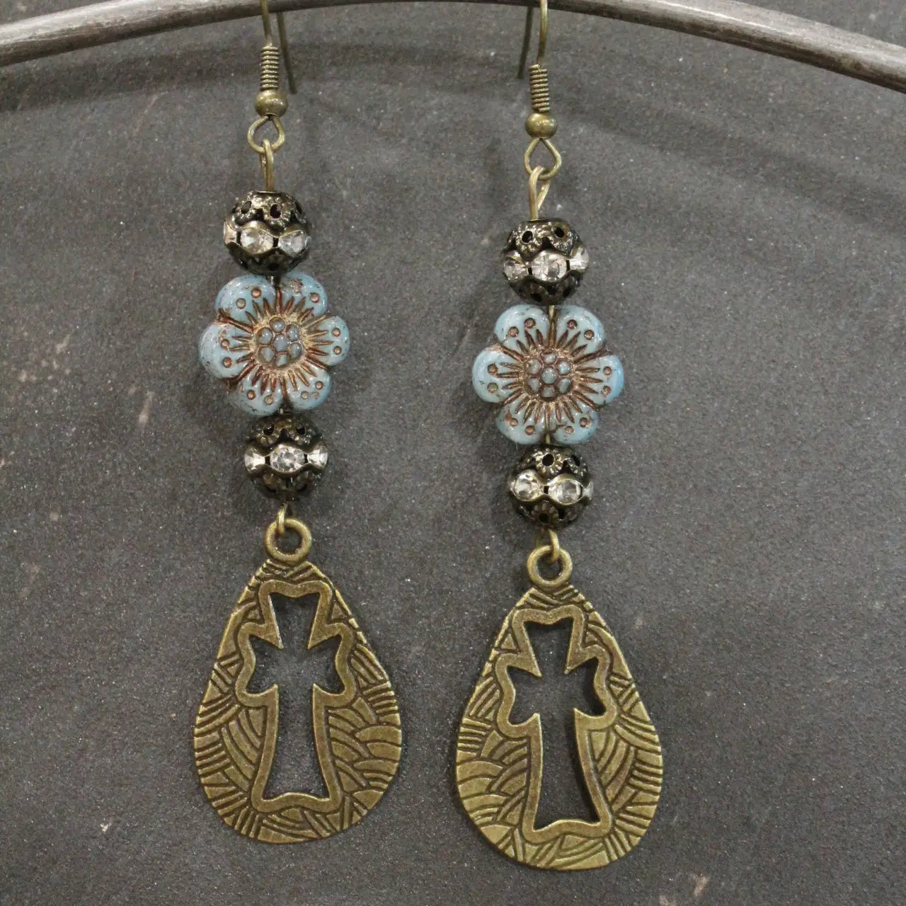 Vintage Bronze Cross & Denim Czech Dangle Earrings