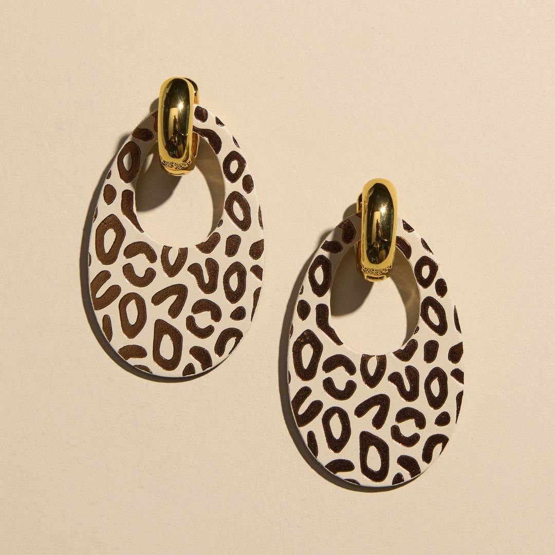Ecru and Bronze Posh Leopard Olivia Leather Hoop Earrings