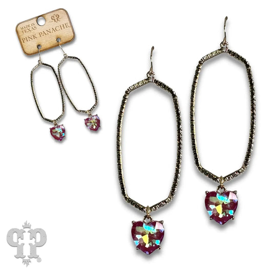 Hexagon Shape Earring with Rhinestone Heart Charm