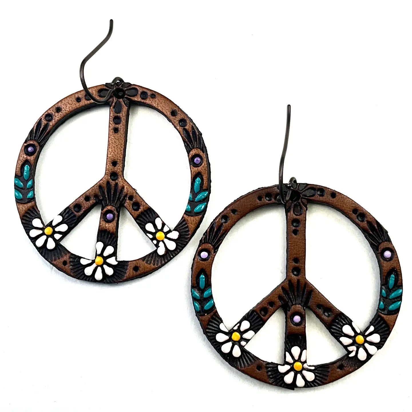 Floral Painted Wood Peace Sign Earrings