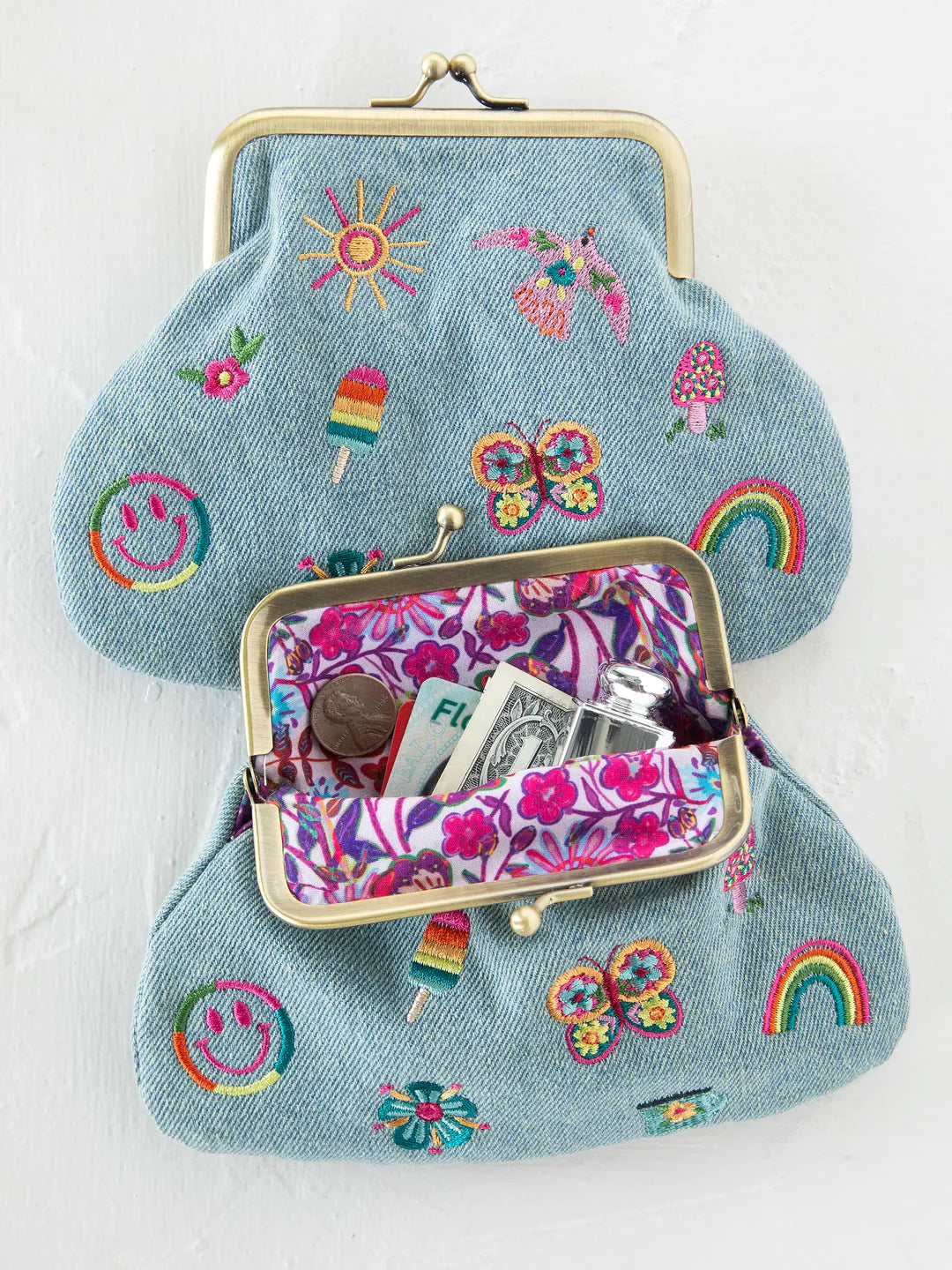 Denim Embroidered Kisslock Coin Purse