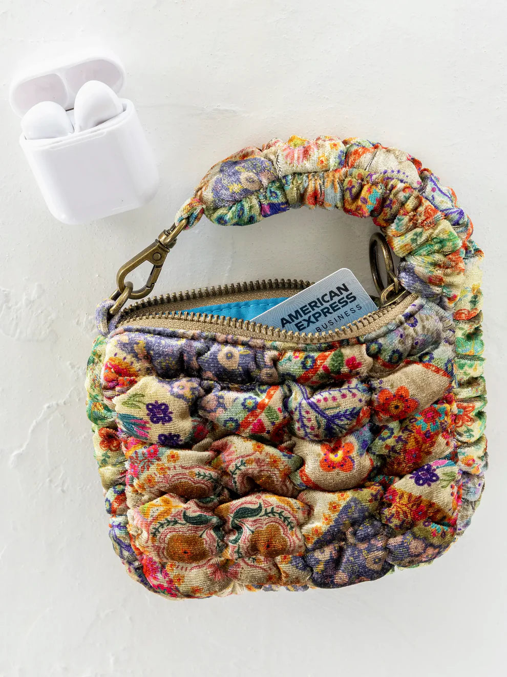 Puffy Velvet Mini Clip-On Pouch - Mandala Folk Patchwork