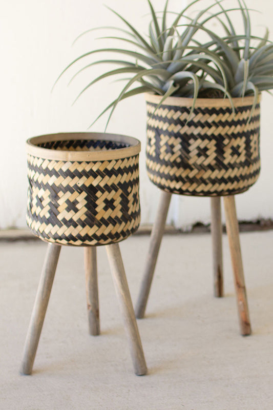Woven Black & Natural Bamboo Plant Stands
