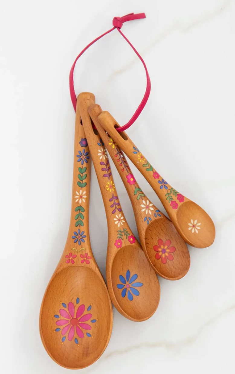 Folk Flower Wooden Measuring Spoons, Set of 4