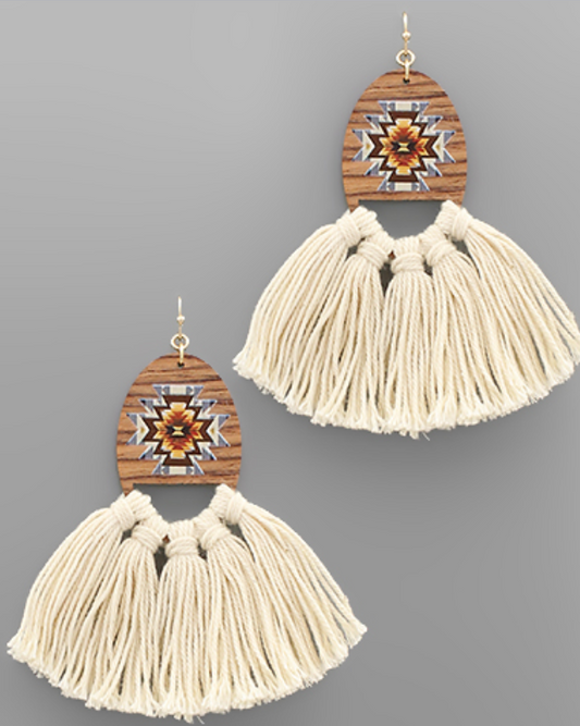 Aztec Wood & Tassel Earrings