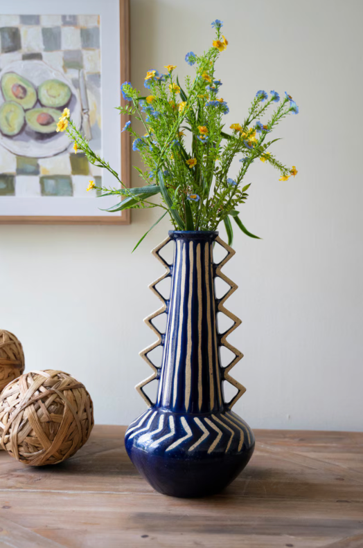 Tall Ceramic Blue Vase With Zig Zag Handles