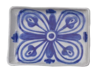 Blue & White Hand-Painted Stoneware Square Plate with Pattern