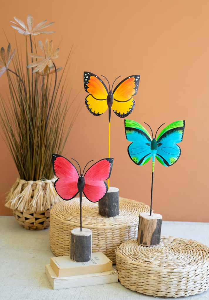 Painted Iron Butterflies on Wood Bases