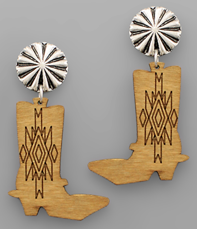 Carved Wood Cowboy Boots Earrings