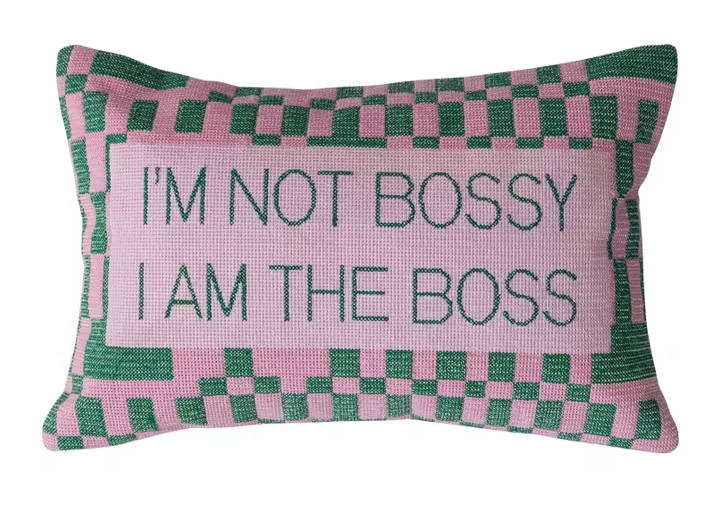 "I'm Not Bossy..." Embroidered Lumbar Pillow w/ Check Pattern