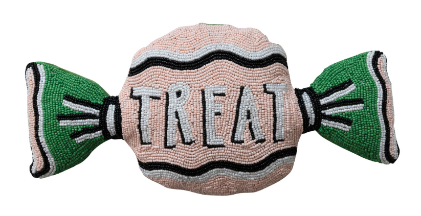 "Trick"/"Treat" Glass Beaded Fabric Candy Shaped Pillow