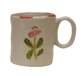 Stoneware Small Mugs w/ Hand-Painted Flower & Rim