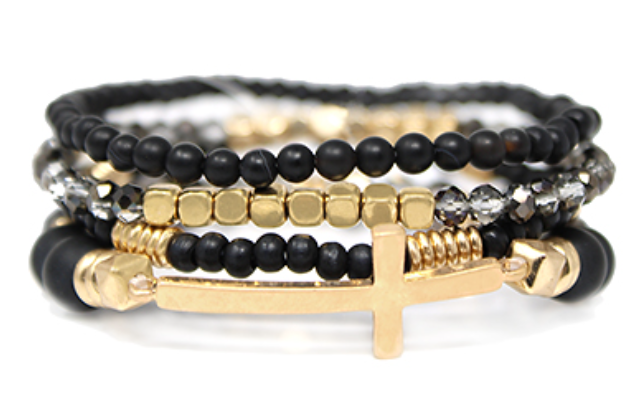 4 Row Wood Stone Beads & Cross Bracelet