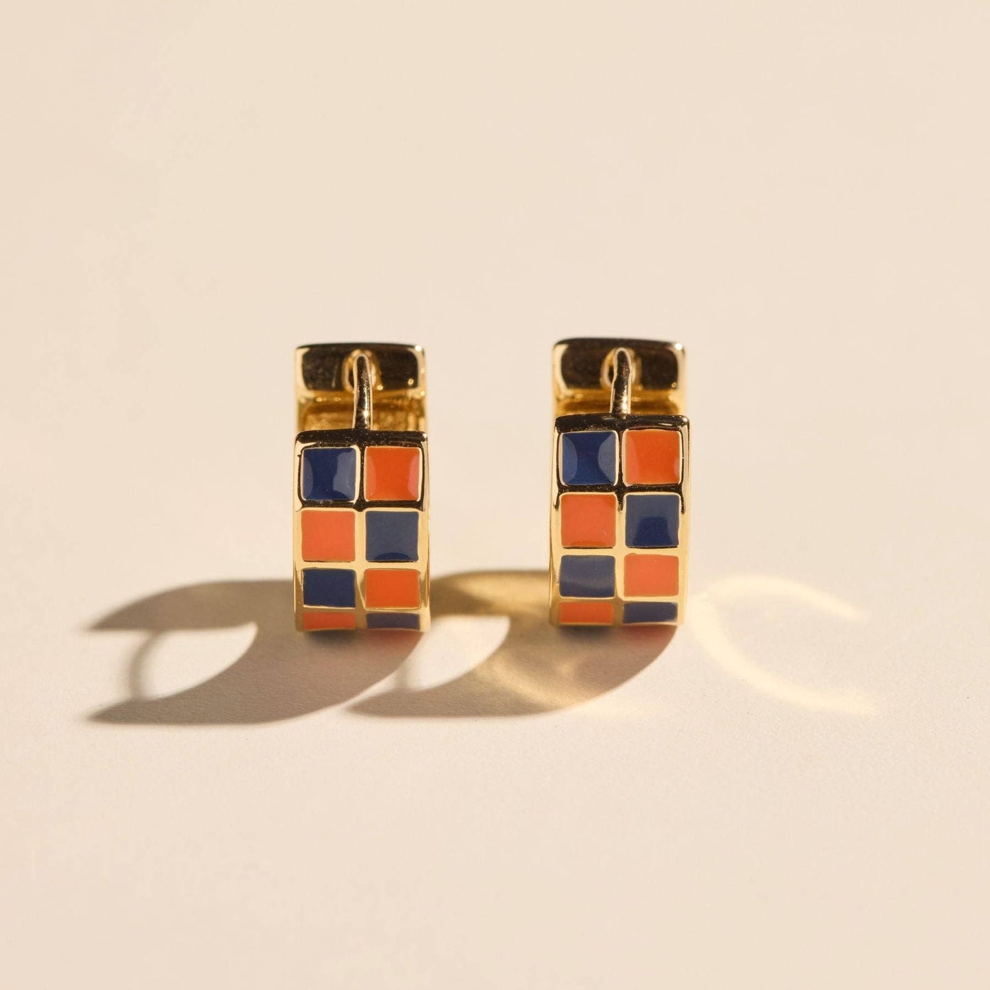 Blue & Orange Checkered Enamel Huggie Earrings