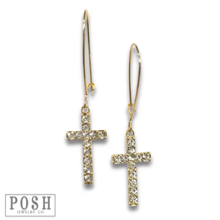 Gold Rhinestone Cross Earrings