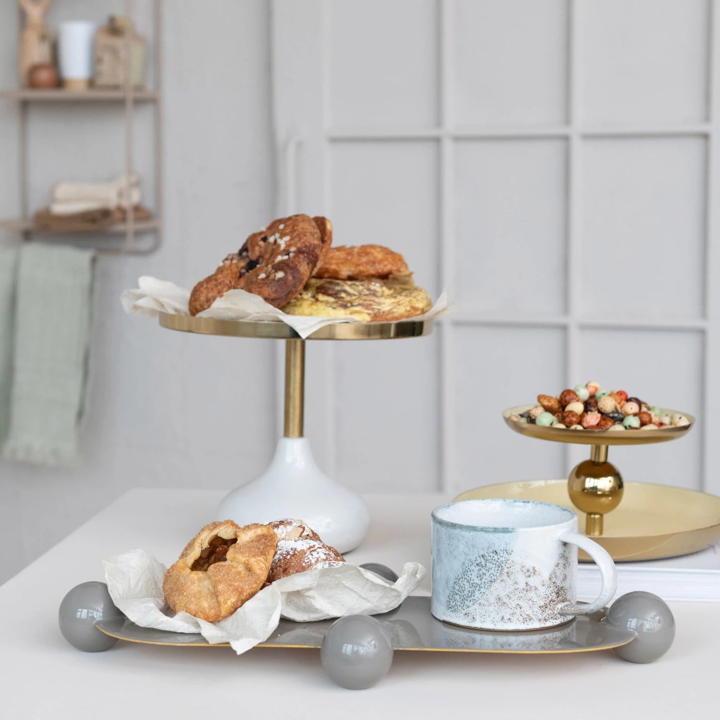 Grey Enameled Metal Ball Footed Tray