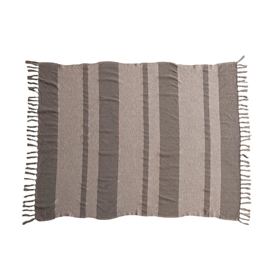 Beige & Brown Stripes & Fringe Cotton Blend Throw