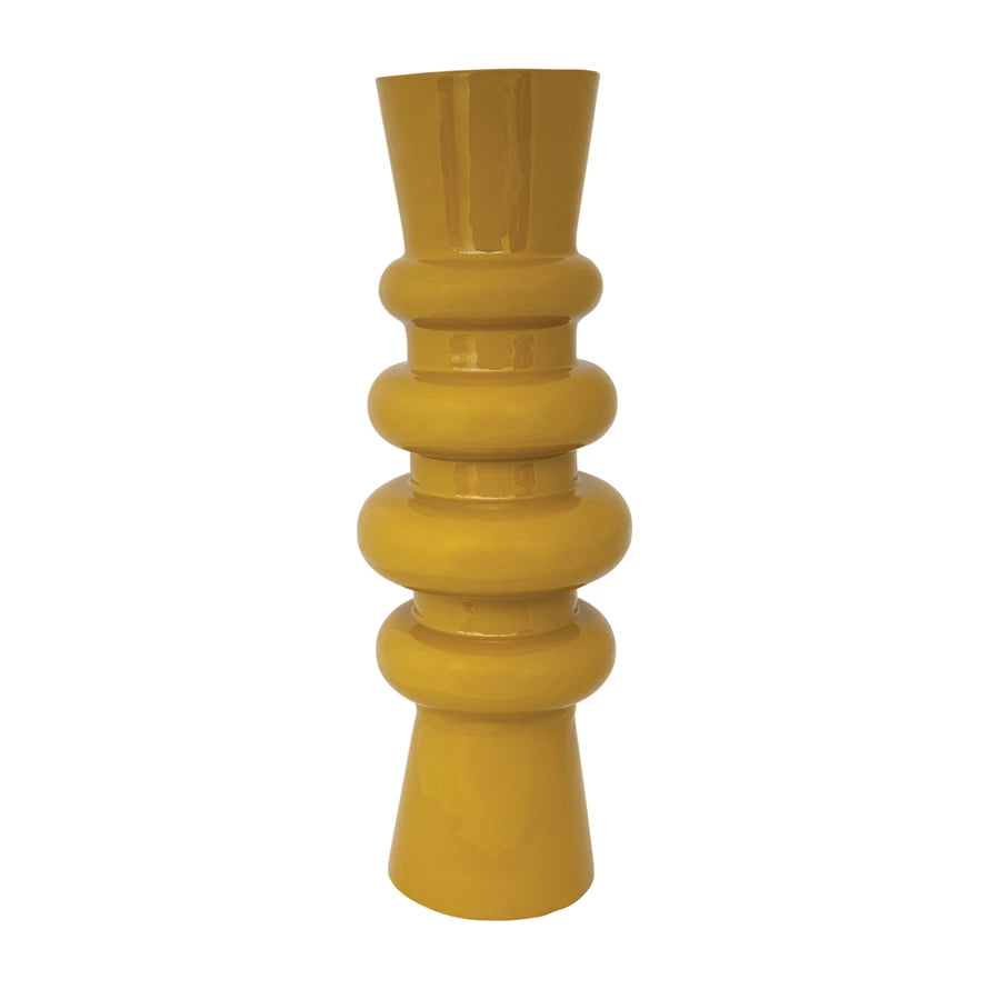 Tall Mustard Enameled Metal Vase