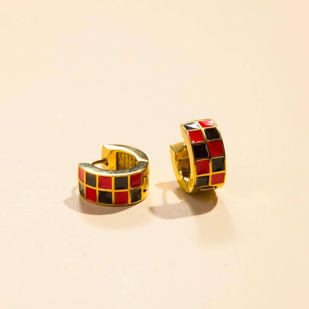 Black & Red Checkered Enamel Huggie Earrings