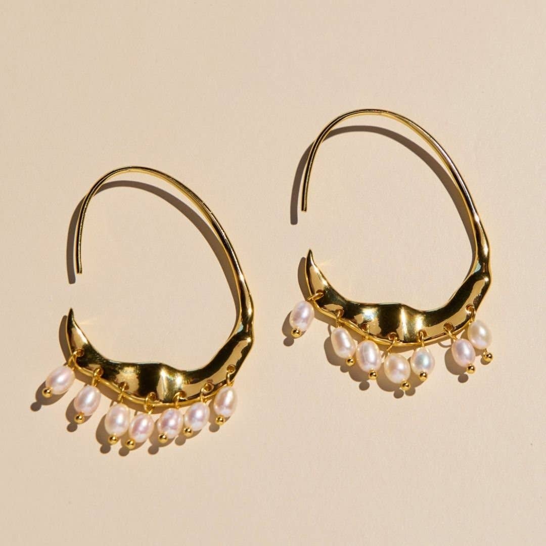 Gold Pearl Statement Hoop Earrings