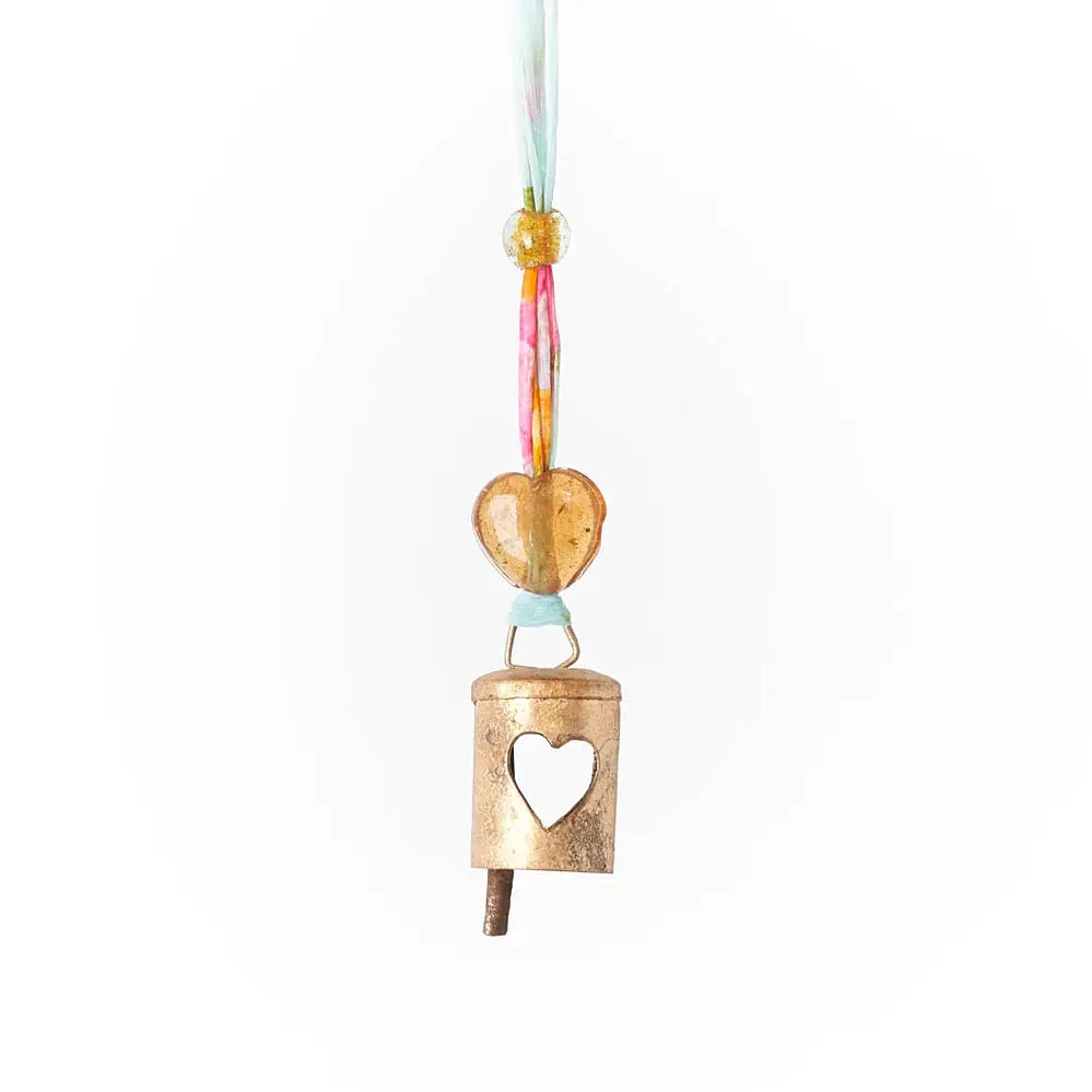 Upcycled Sari Heart Cutout Bell Wind Chime Up
