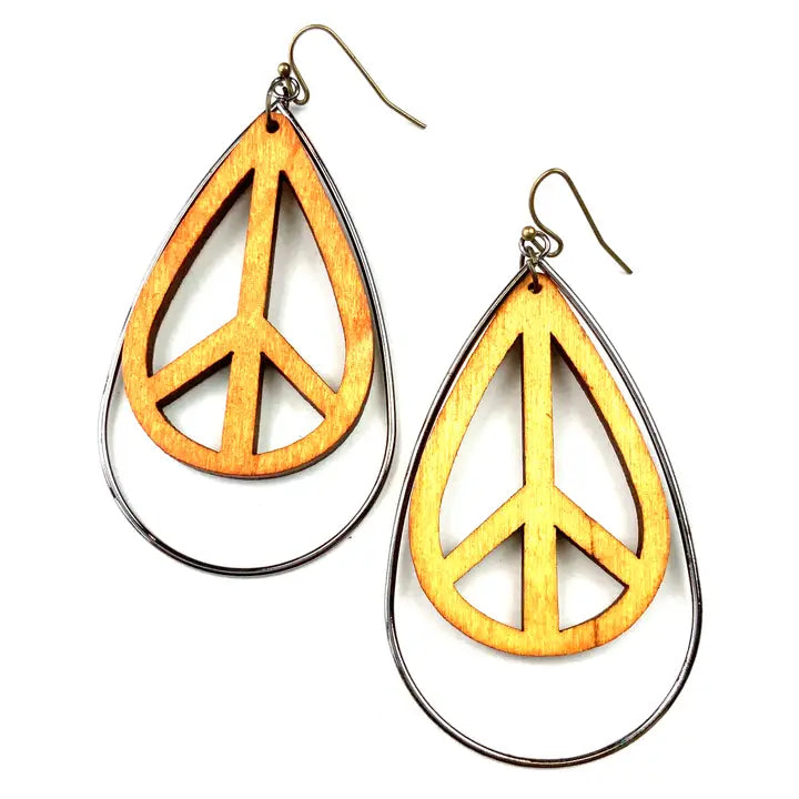 Wood Peace Sign Teardrop & Metal Earrings
