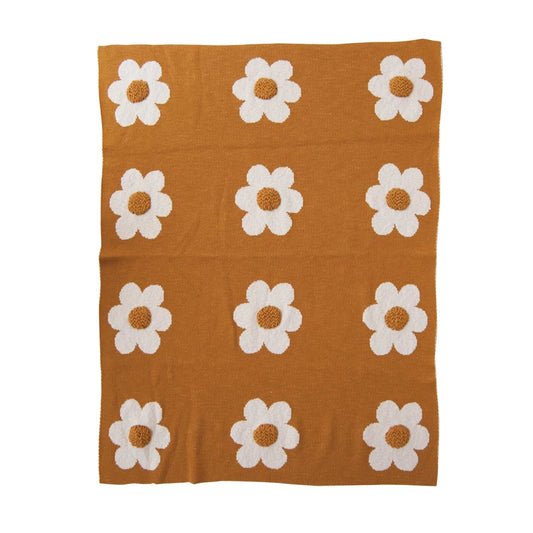 Cotton Knit Orange Flowers Baby Blanket