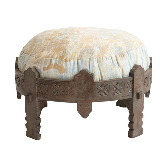 Carved Reclaimed Wood Stool w/ Cushion
