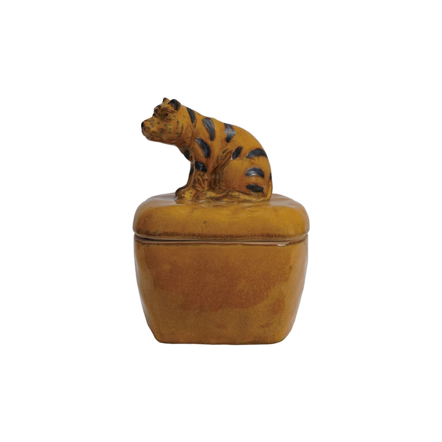 Stoneware Box with Lid & Tiger Shaped Handle