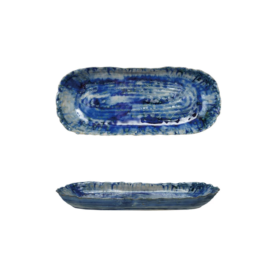 Blue Reactive Crackle Glaze Stoneware Platter