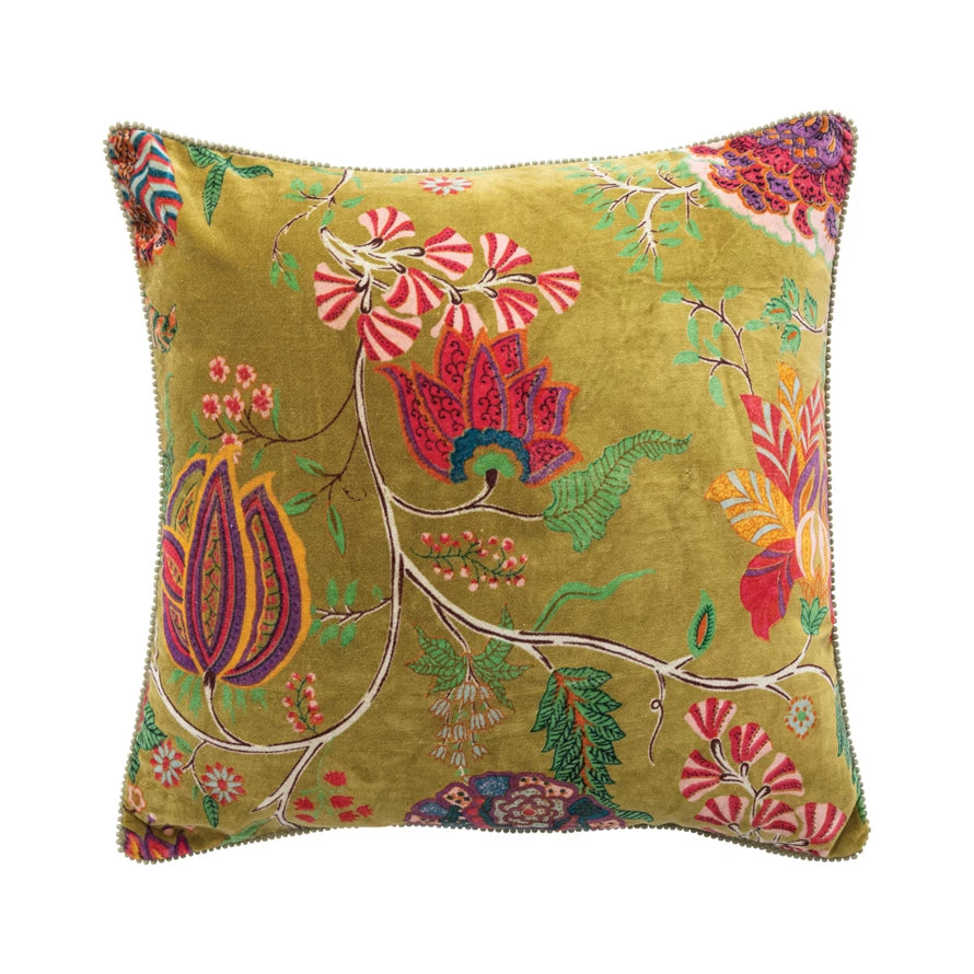 Flowers & Mini Pom Pom Trim Velvet Printed Pillow