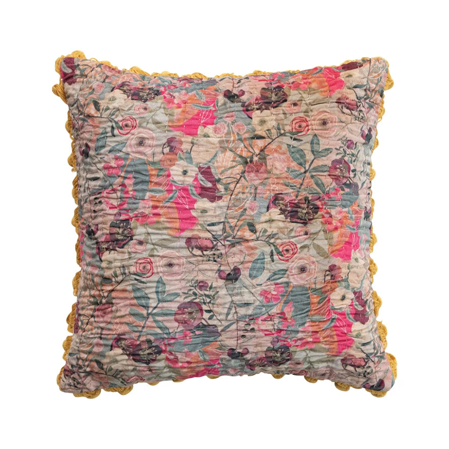 Embroidered Kantha Stitch Square Velvet Printed Pillow