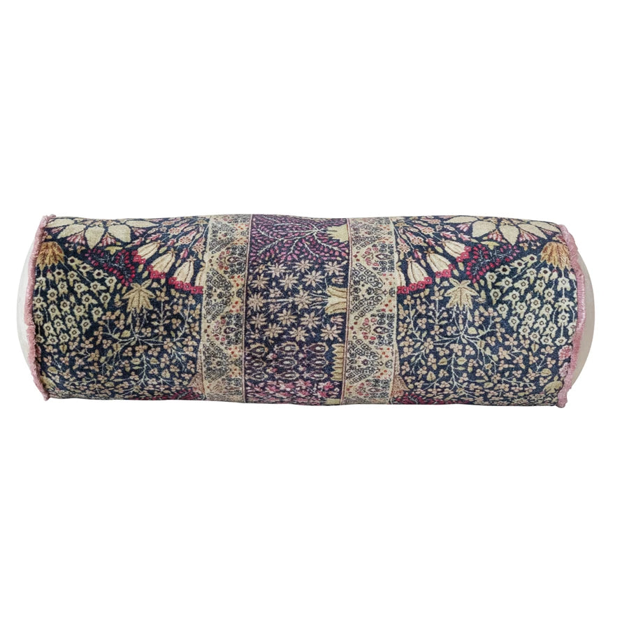 Cotton Velvet Printed Bolster Pillow w/ Botanical Pattern