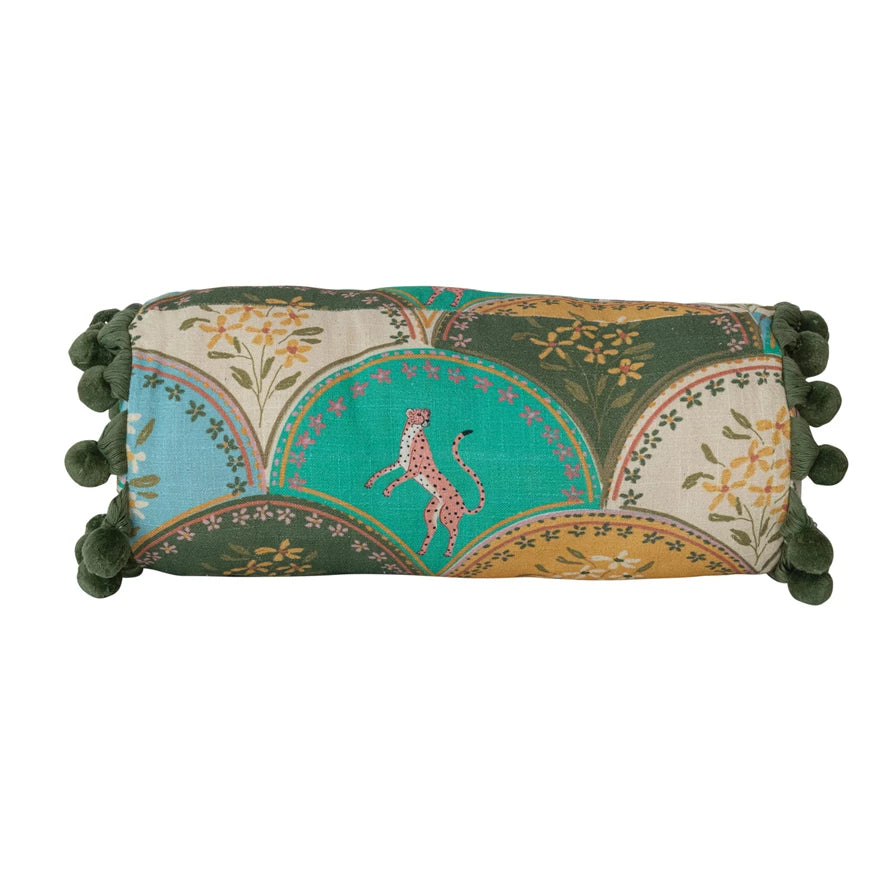 Cotton Bolster Pillow with Cheetah/Flower Pattern & Pom Pom Trim