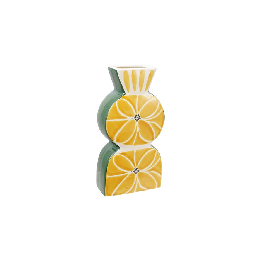 Yellow & Green Stoneware Vase w/ Wax Relief Design