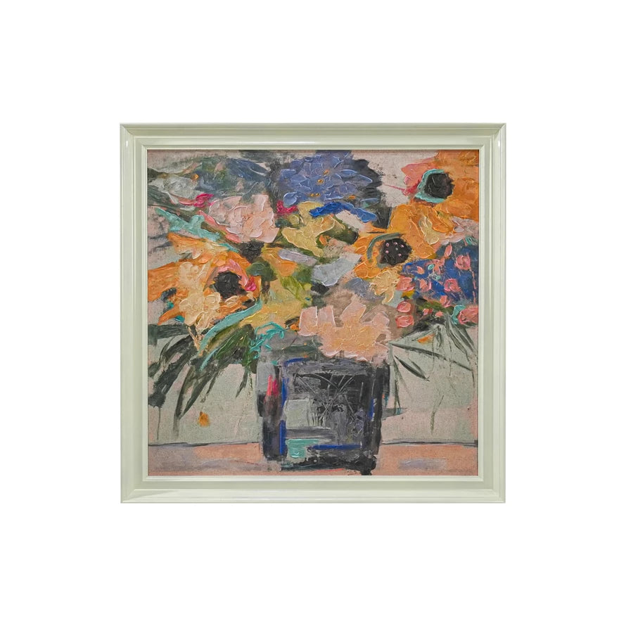 Hand-Painted Flowers in Vase Wood Frame Canvas