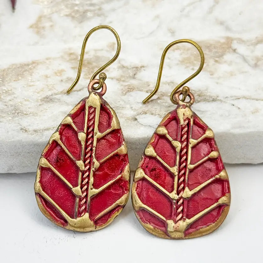 Handcrafted Bright Red Leaf Vein Brass Patina Earrings