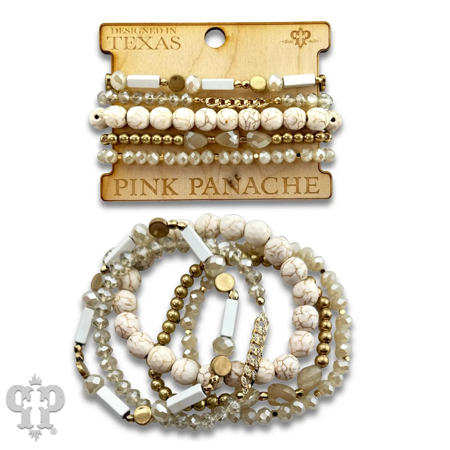 White Stone, Crystal & Gold Bead Bracelet Set