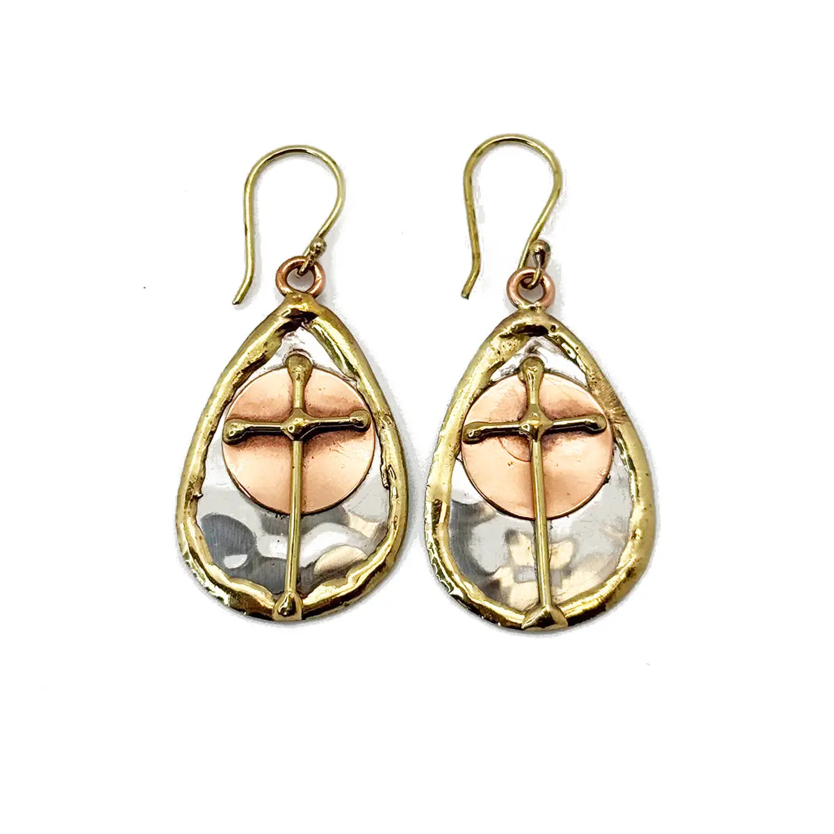 Handcrafted Mixed Metal Teardrop Cross Earrings