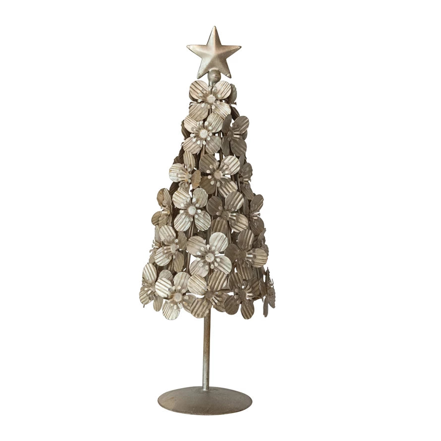 Antique Silver Metal Flowers Christmas Tree with Star