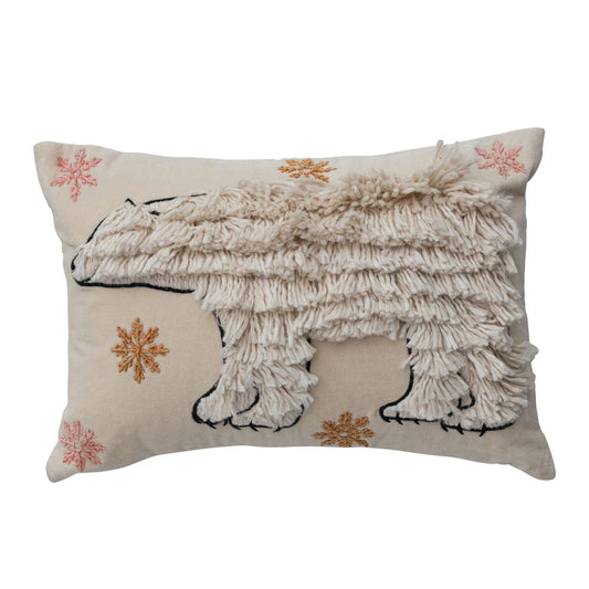 Embroidered Fringe Polar Bear & Snowflakes Velvet Pillow