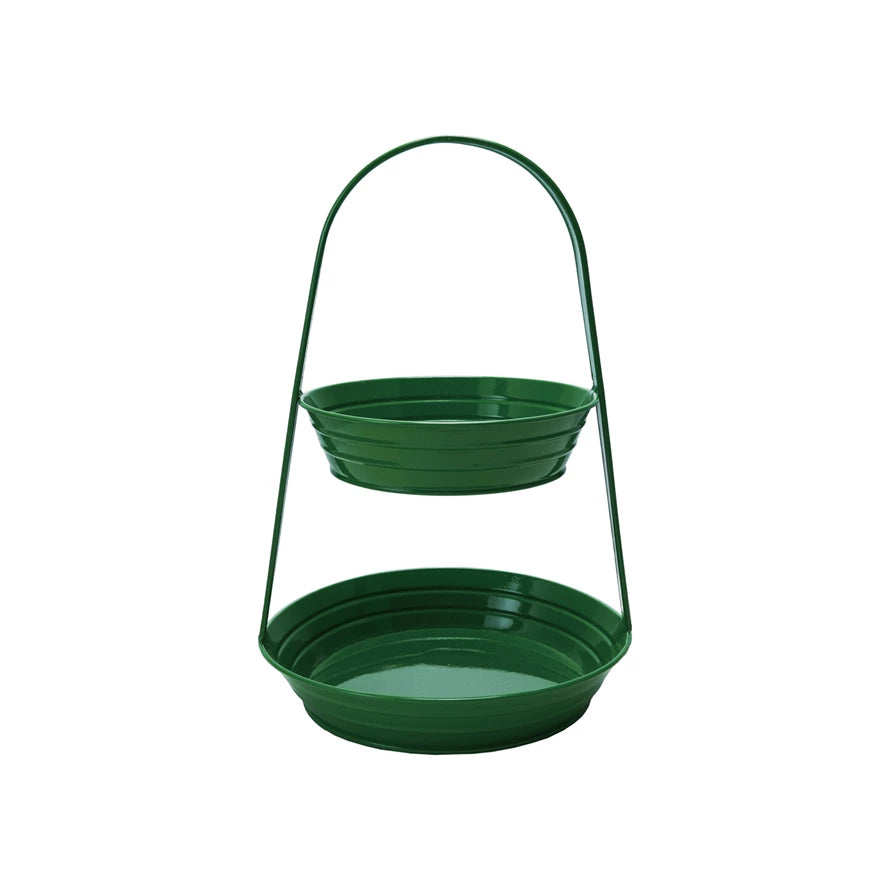 Decorative Green Metal Ribbed 2-Tier Tray