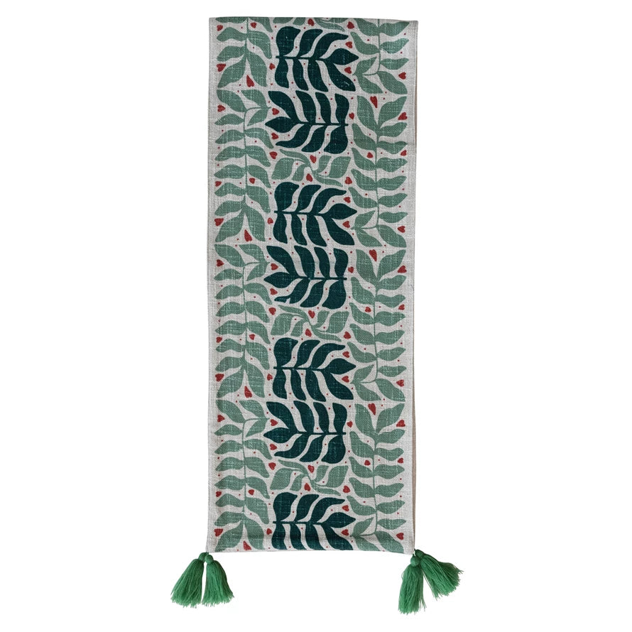 Table Runner with Seasonal Botanical Pattern & Tassels