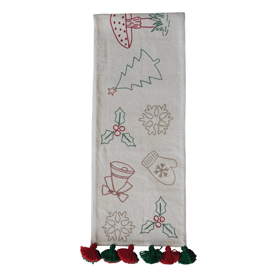 Embroidered Holiday Icons & Tassels Table Runner